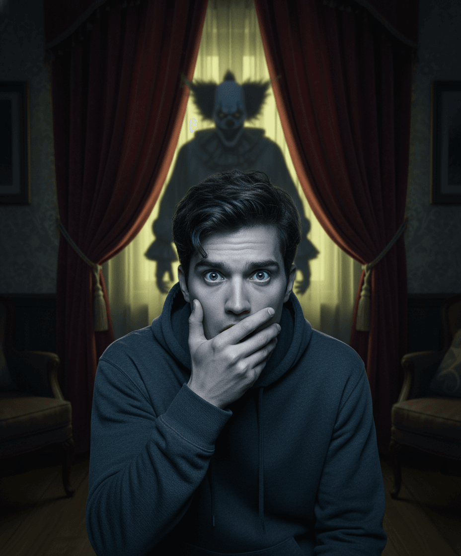 AI Generated Hiding from Evil Clown style portrait